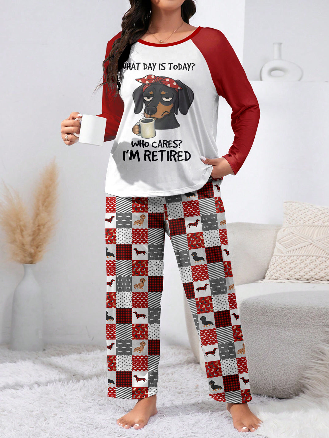 Dachshund Raglan Lounge Pajamas Who Cares, I'm Retired