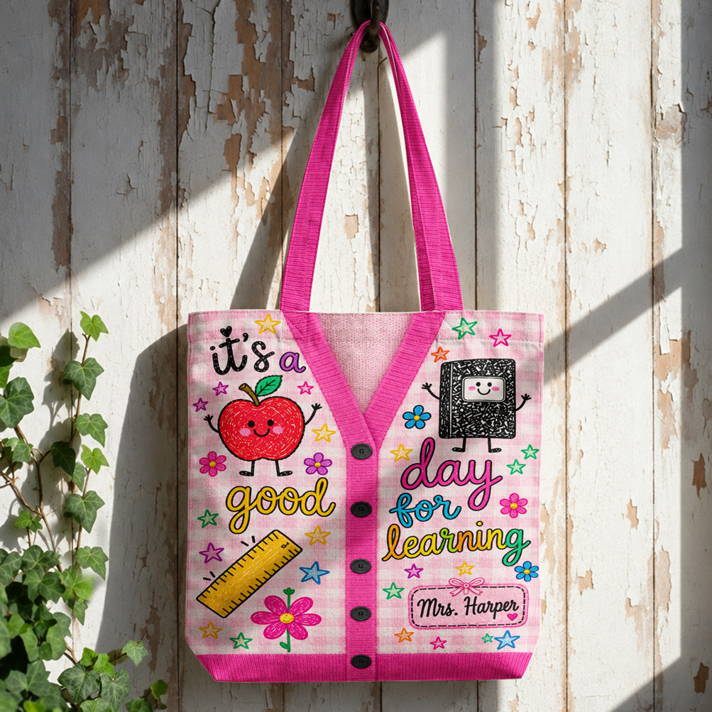 Teacher Canvas Tote Bag Personalized Cardigan Style It's A Good Day For Learning