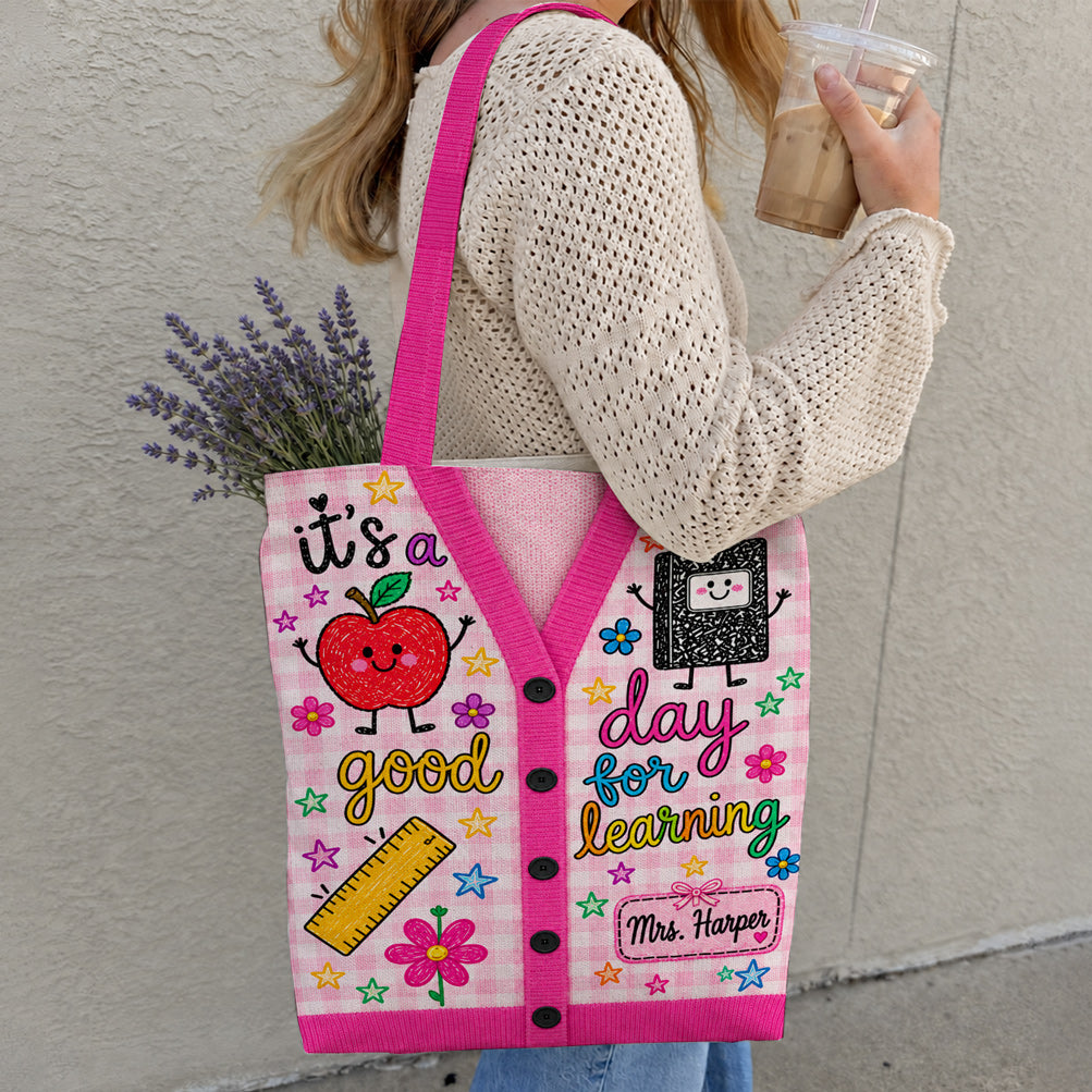 Teacher Canvas Tote Bag Personalized Cardigan Style It's A Good Day For Learning