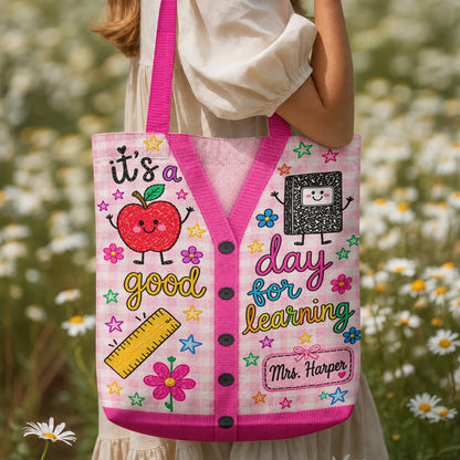 Teacher Canvas Tote Bag Personalized Cardigan Style It's A Good Day For Learning