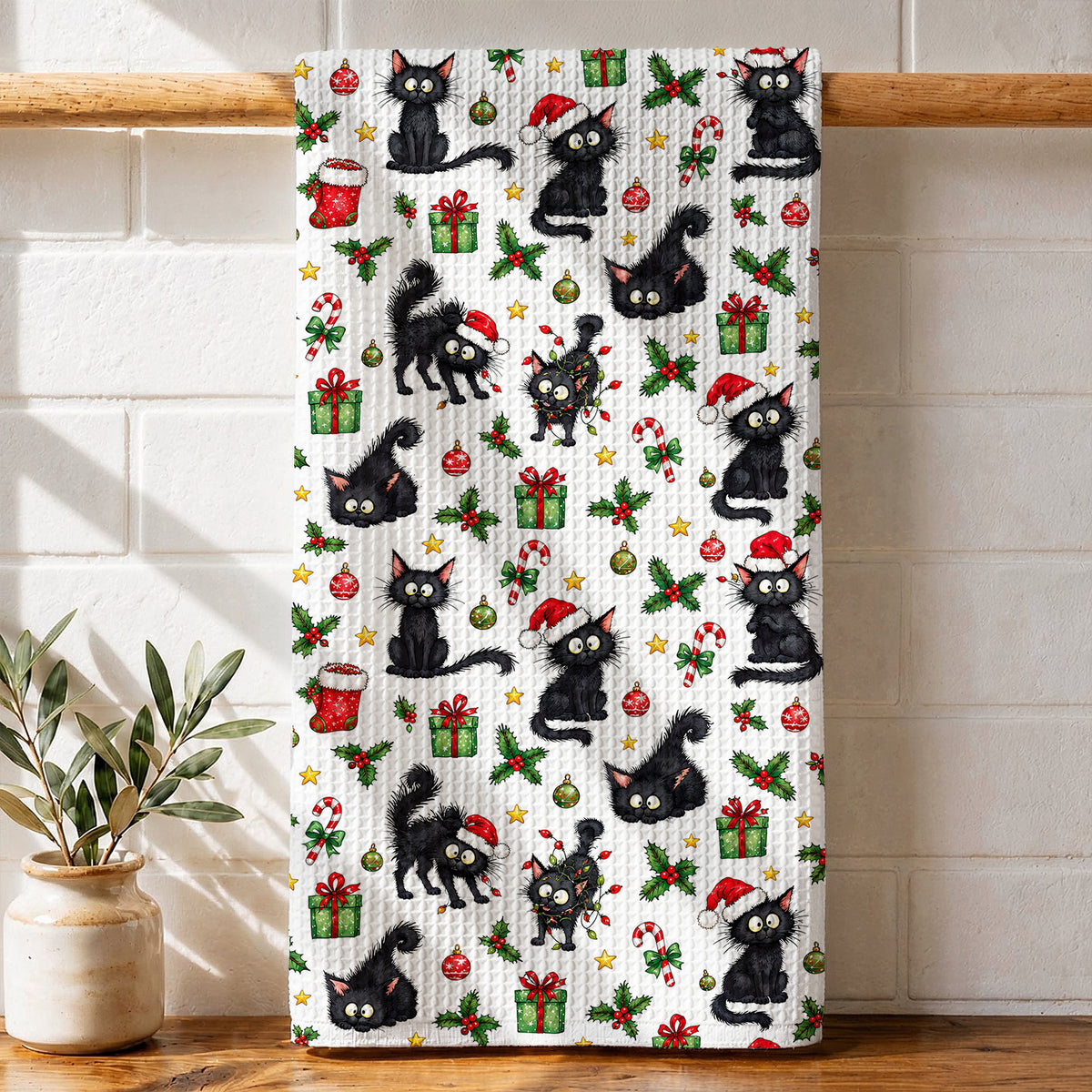 Cat Lover Kitchen Towel Jolly Black Cat Christmas
