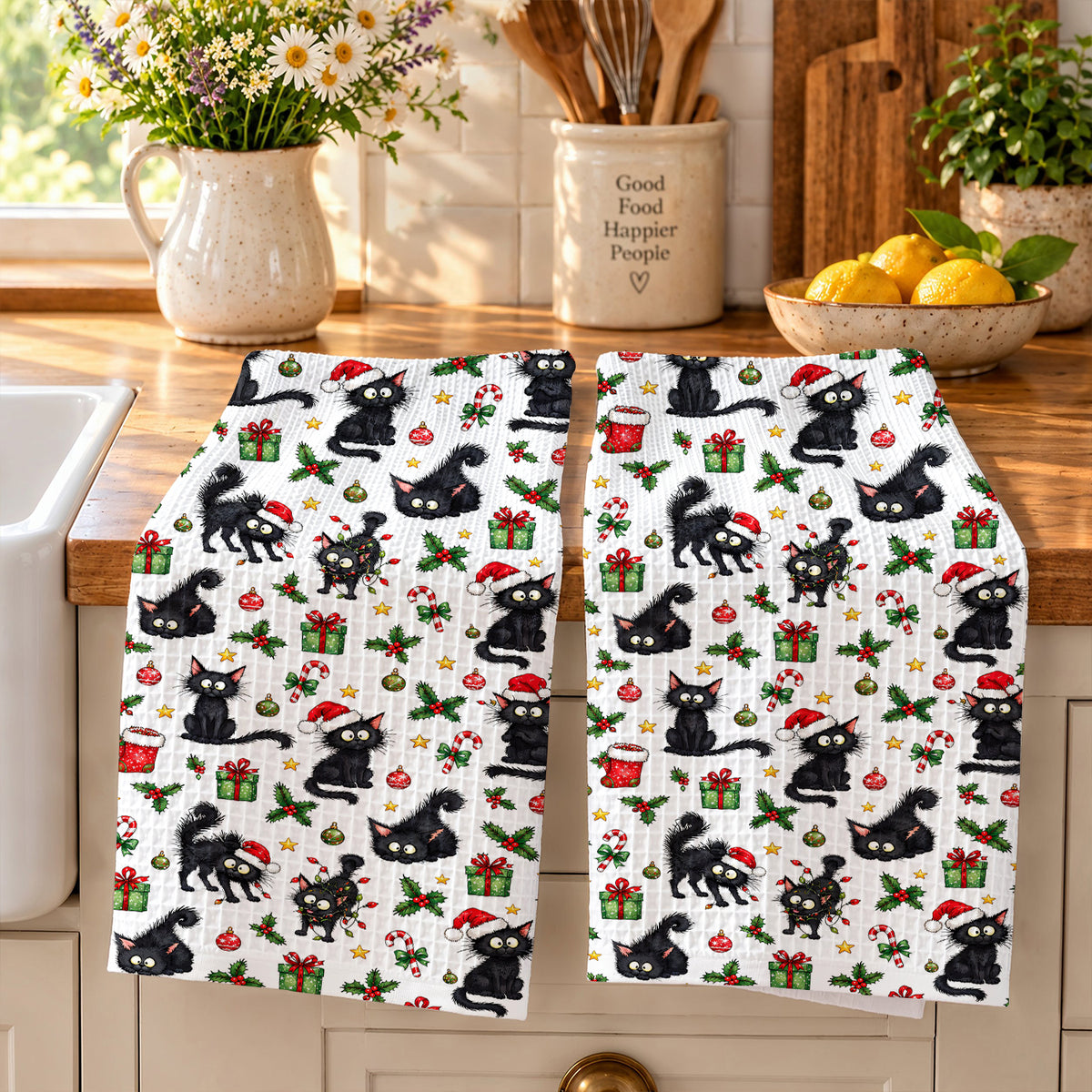 Cat Lover Kitchen Towel Jolly Black Cat Christmas