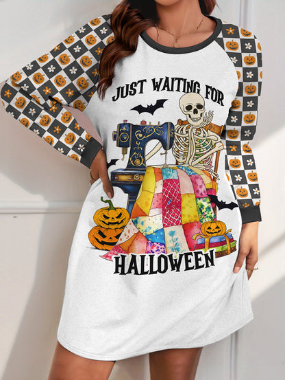 Sewing Lover Raglan Dress Funny Skeleton Just Waiting For Halloween