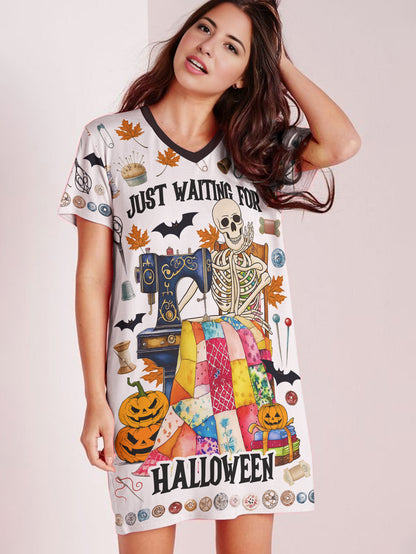 Sewing Lover V-neck Nightshirt Just Waiting For Halloween