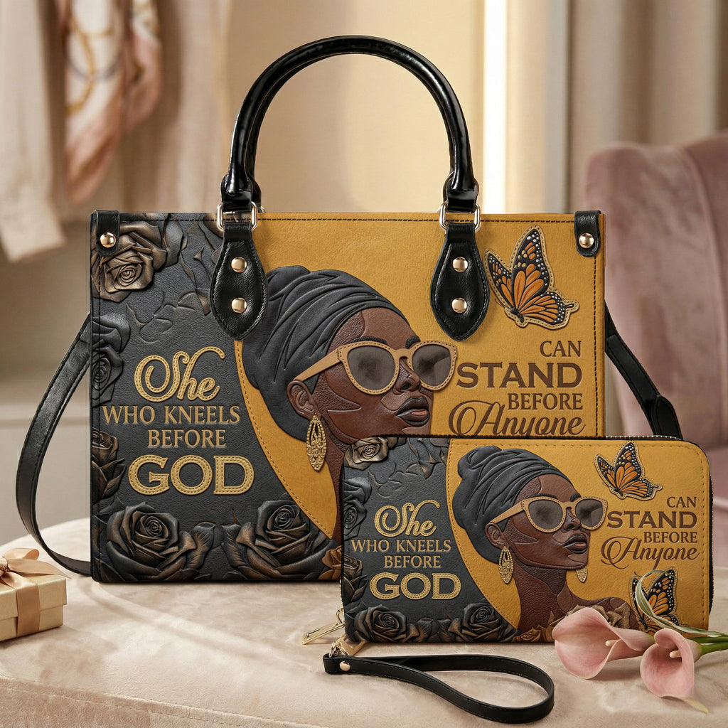 Black Women Handbag & Wallet Set 2D Print Kneel Before God, Stand Before Anyone