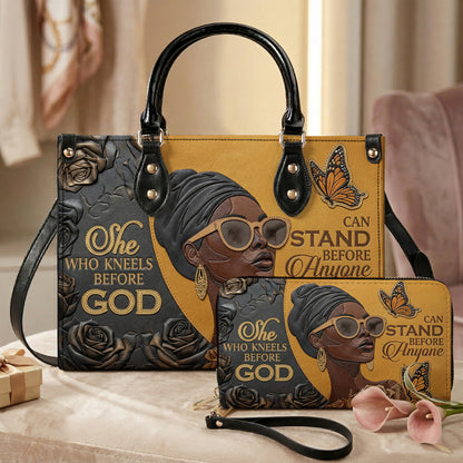 Black Women Handbag & Wallet Set 2D Print Kneel Before God, Stand Before Anyone