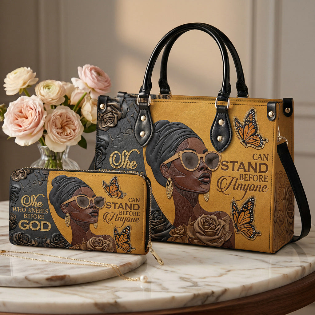Black Women Handbag & Wallet Set 2D Print Kneel Before God, Stand Before Anyone