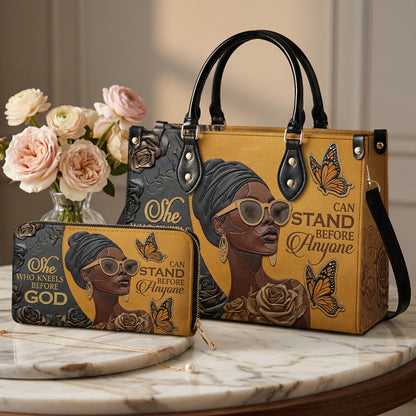 Black Women Handbag & Wallet Set 2D Print Kneel Before God, Stand Before Anyone