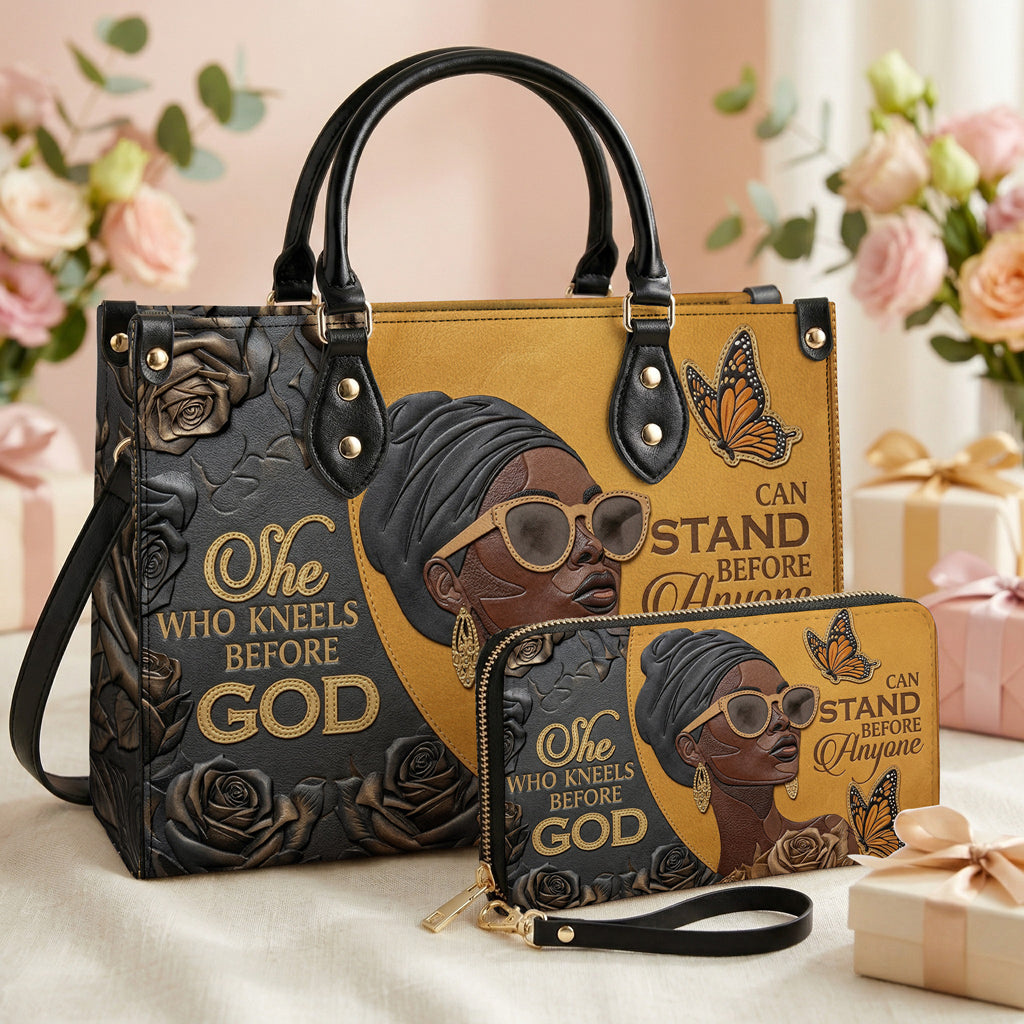 Black Women Handbag & Wallet Set 2D Print Kneel Before God, Stand Before Anyone