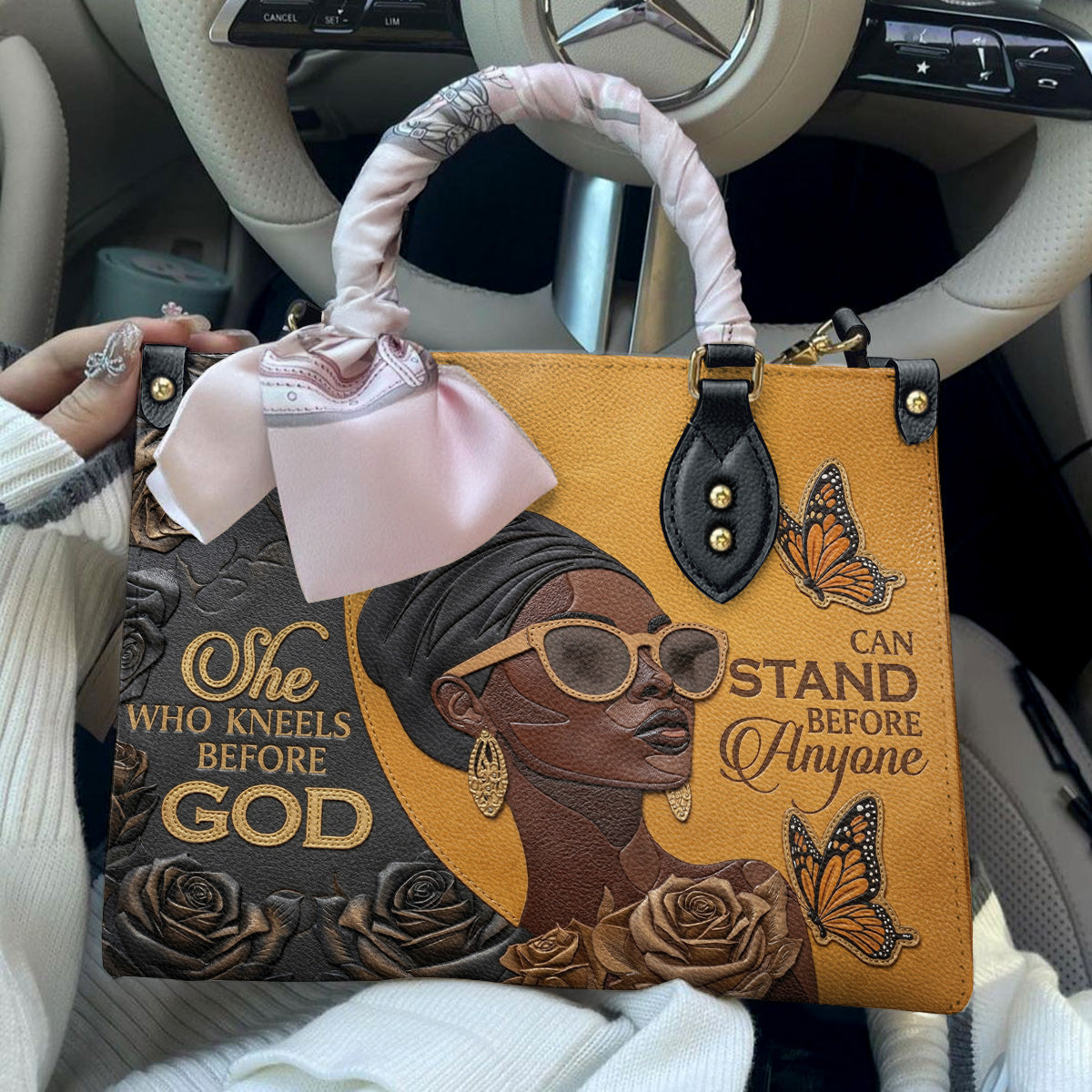 Black Women Handbag & Wallet Set 2D Print Kneel Before God, Stand Before Anyone