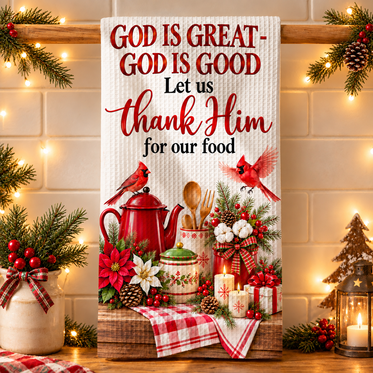 Christmas Kitchen Towel Let Us Thank Him For Out Food