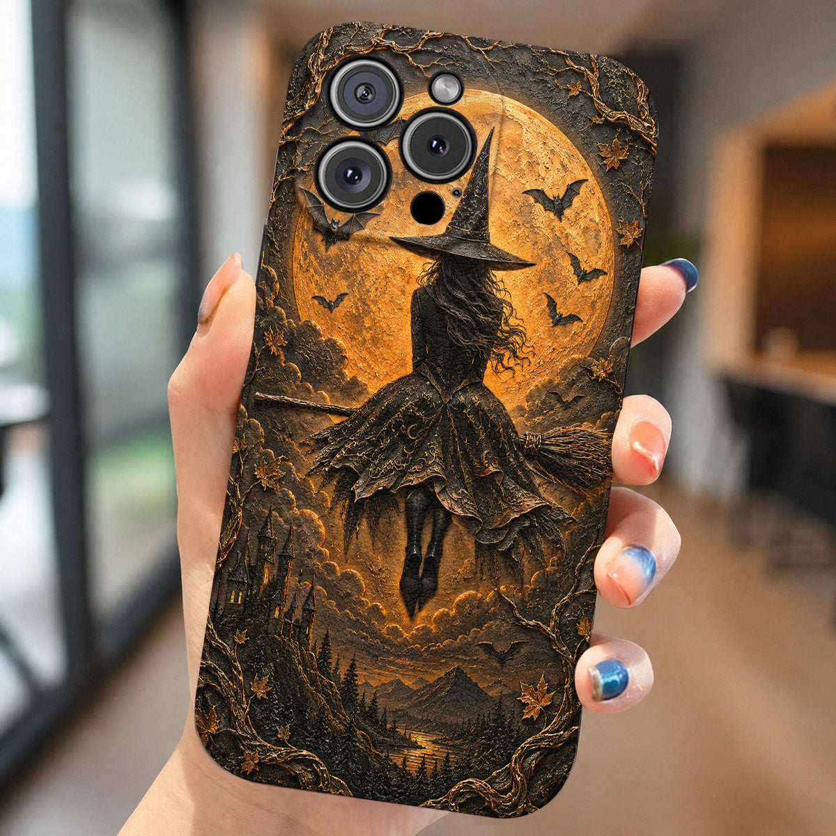 Halloween Leather Phone Case Lonely Witch- Black
