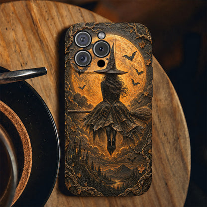 Halloween Leather Phone Case Lonely Witch- Black
