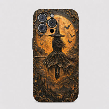 Halloween Leather Phone Case Lonely Witch- Black