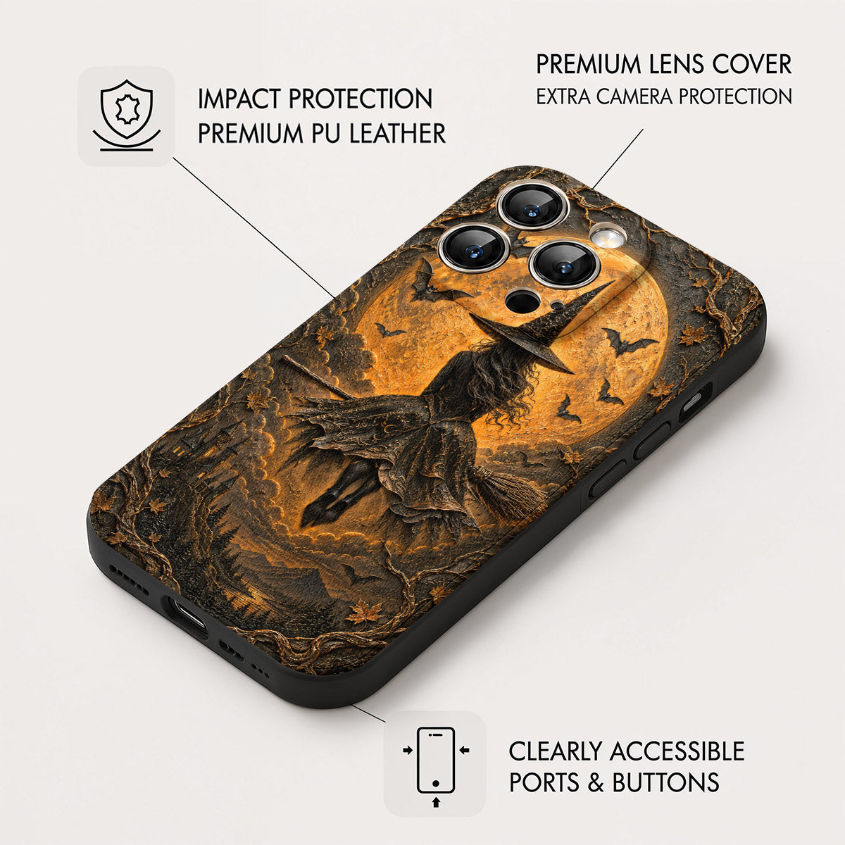 Halloween Leather Phone Case Lonely Witch- Black