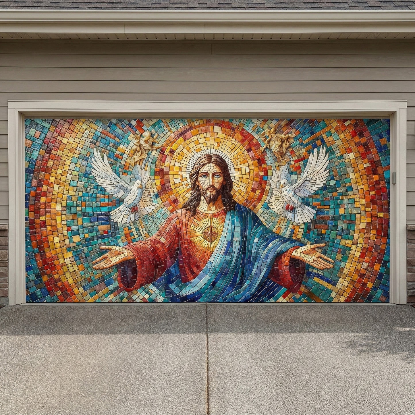 God Garage Door Banner Decoration -  Mosaic Style Luminous Mercy