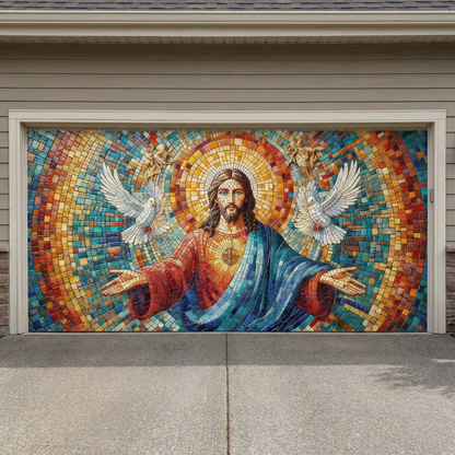 God Garage Door Banner Decoration -  Mosaic Style Luminous Mercy