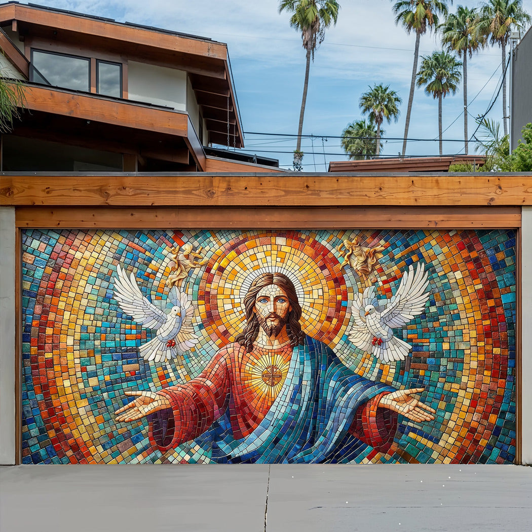 God Garage Door Banner Decoration -  Mosaic Style Luminous Mercy