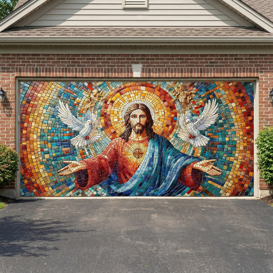 God Garage Door Banner Decoration -  Mosaic Style Luminous Mercy