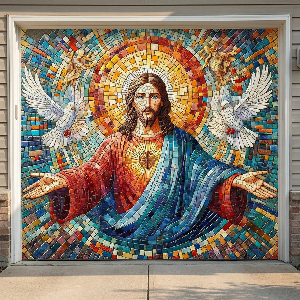 God Garage Door Banner Decoration -  Mosaic Style Luminous Mercy