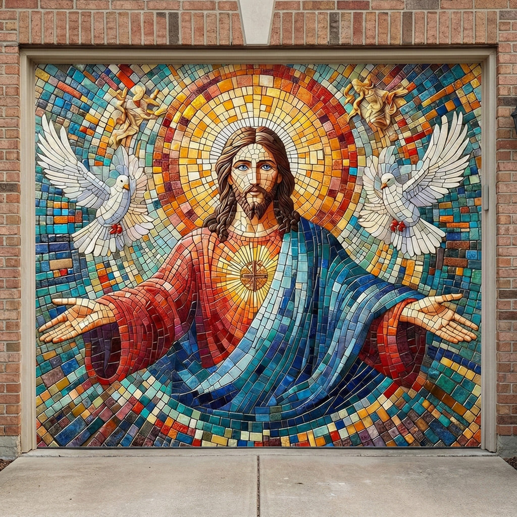 God Garage Door Banner Decoration -  Mosaic Style Luminous Mercy