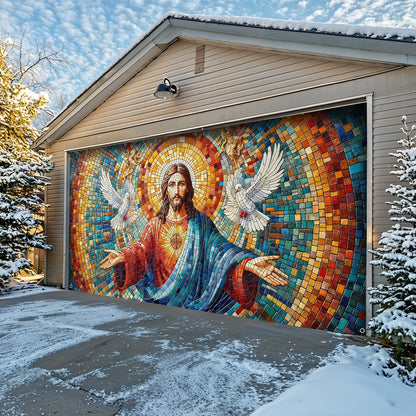 God Garage Door Banner Decoration -  Mosaic Style Luminous Mercy