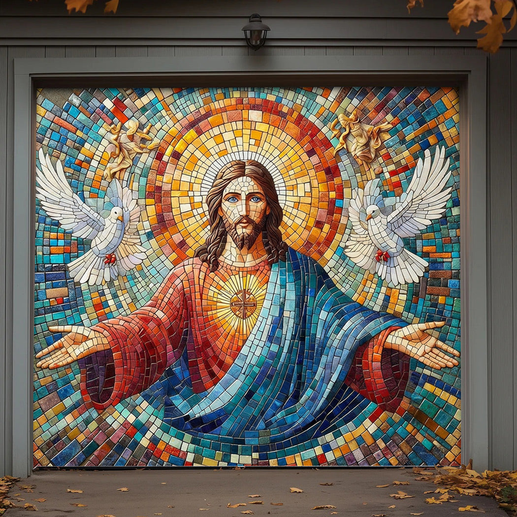 God Garage Door Banner Decoration -  Mosaic Style Luminous Mercy