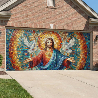 God Garage Door Banner Decoration -  Mosaic Style Luminous Mercy