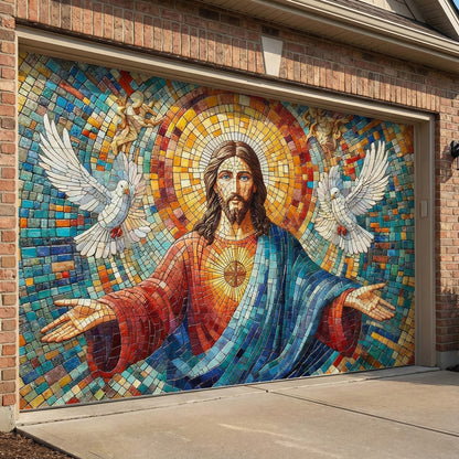 God Garage Door Banner Decoration -  Mosaic Style Luminous Mercy