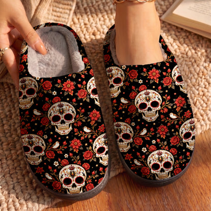 Skull Fleece Lined Slippers Midnight Skull Roses
