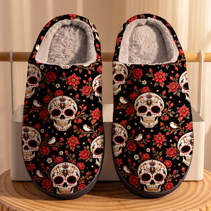 Skull Fleece Lined Slippers Midnight Skull Roses