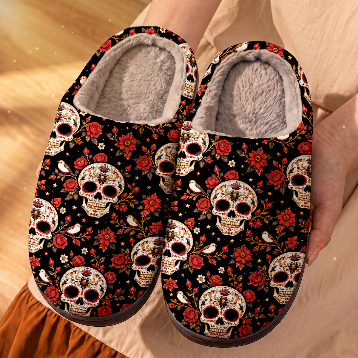 Skull Fleece Lined Slippers Midnight Skull Roses