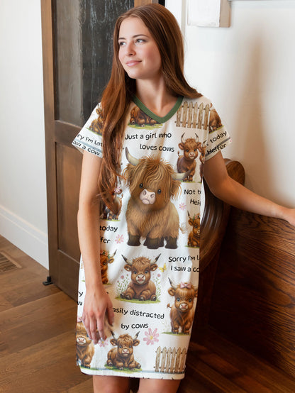 Highland Cow V-neck Nightshirt Mocha Moo