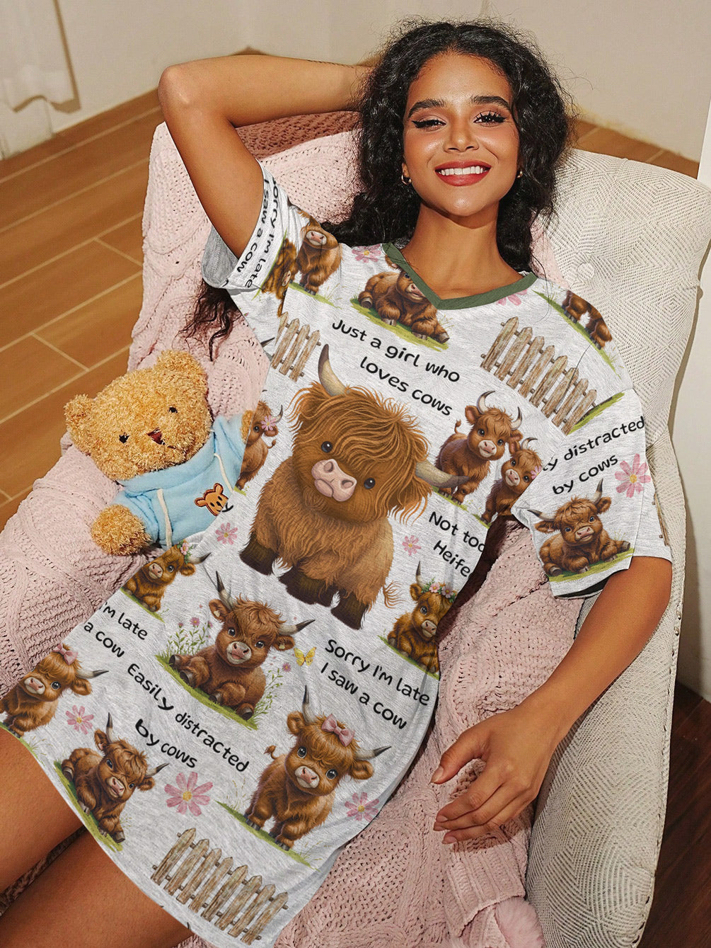 Highland Cow V-neck Nightshirt Mocha Moo
