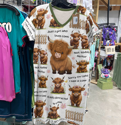 Highland Cow V-neck Nightshirt Mocha Moo