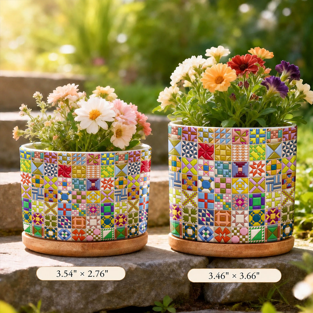 Sewing Lover Ceramic Plant Pot with Bamboo Tray Modern Quilt Blocks