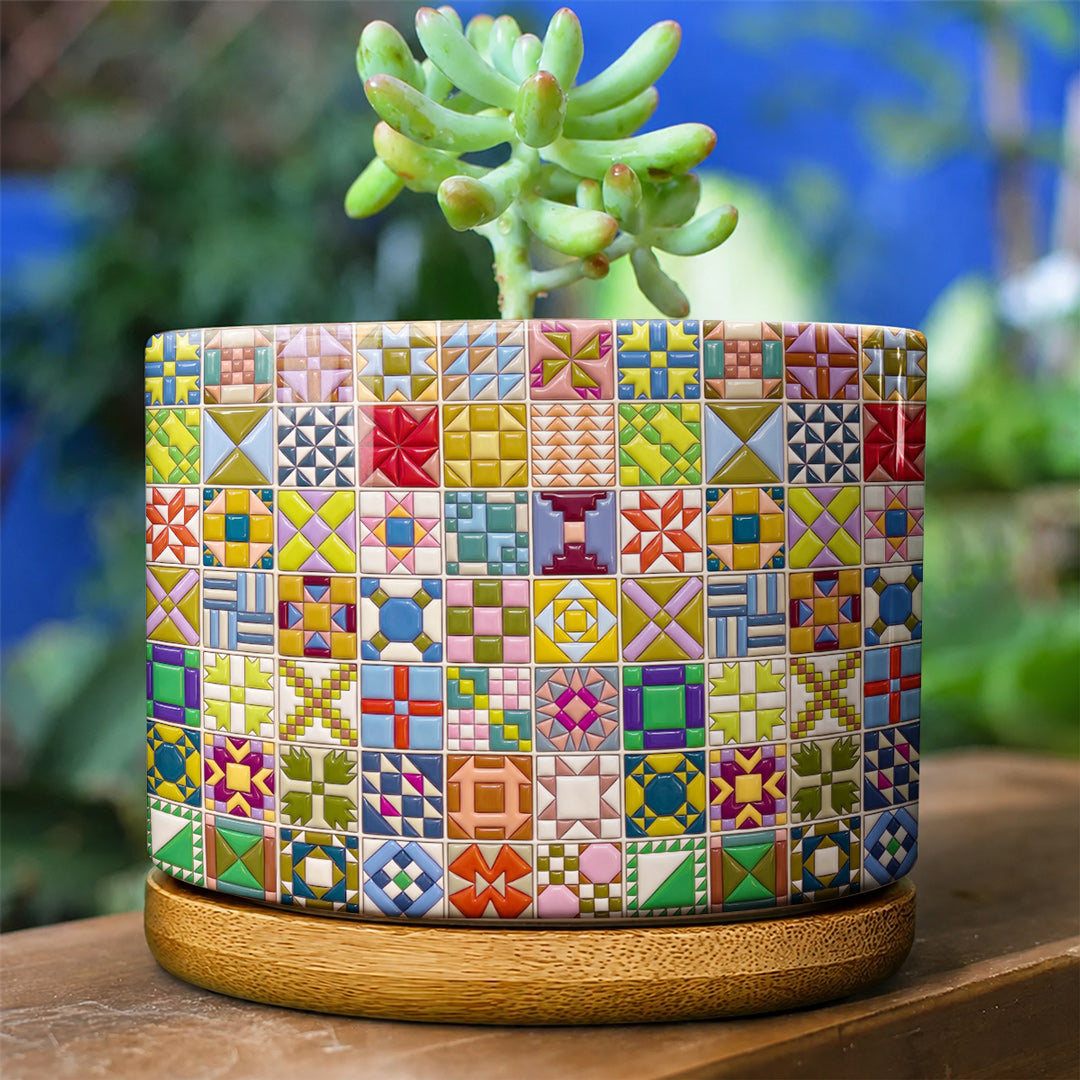 Sewing Lover Ceramic Plant Pot with Bamboo Tray Modern Quilt Blocks