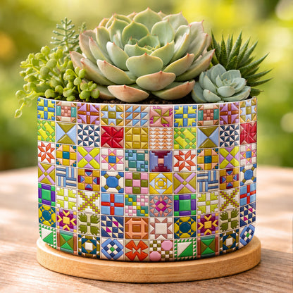 Sewing Lover Ceramic Plant Pot with Bamboo Tray Modern Quilt Blocks