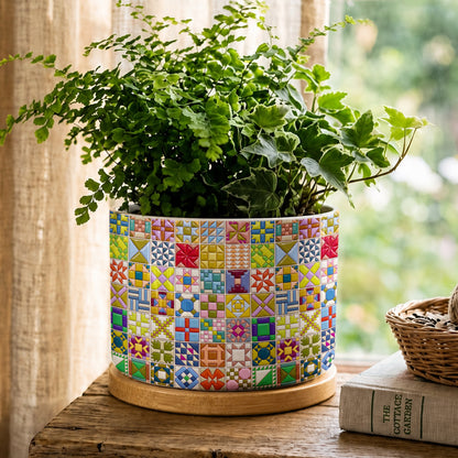 Sewing Lover Ceramic Plant Pot with Bamboo Tray Modern Quilt Blocks
