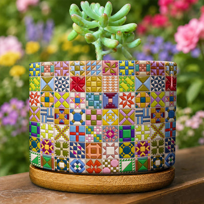 Sewing Lover Ceramic Plant Pot with Bamboo Tray Modern Quilt Blocks