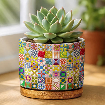 Sewing Lover Ceramic Plant Pot with Bamboo Tray Modern Quilt Blocks