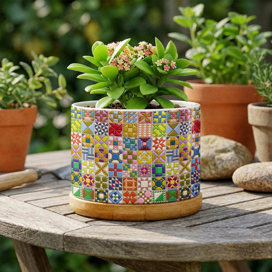 Sewing Lover Ceramic Plant Pot with Bamboo Tray Modern Quilt Blocks