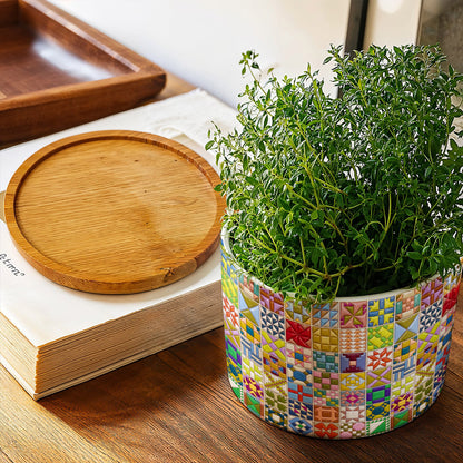 Sewing Lover Ceramic Plant Pot with Bamboo Tray Modern Quilt Blocks