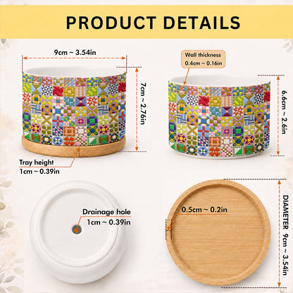 Sewing Lover Ceramic Plant Pot with Bamboo Tray Modern Quilt Blocks