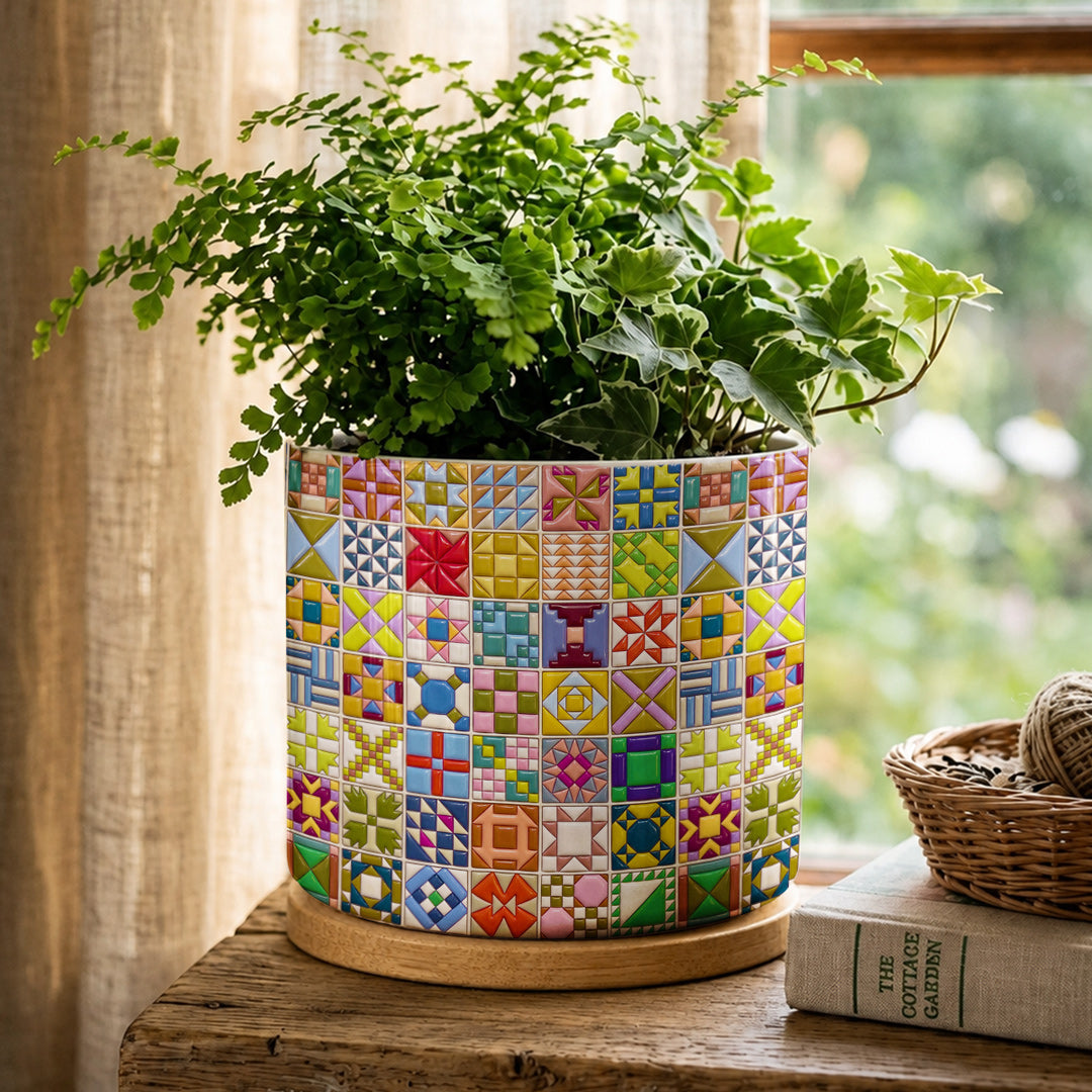 Sewing Lover Ceramic Plant Pot with Bamboo Tray Modern Quilt Blocks