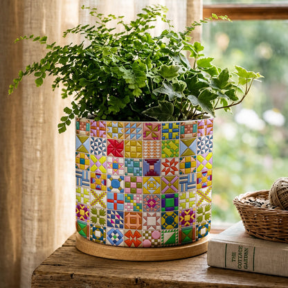 Sewing Lover Ceramic Plant Pot with Bamboo Tray Modern Quilt Blocks