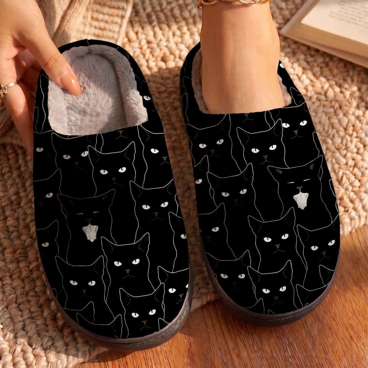 Cat Fleece Lined Slippers Mysterious Black Cat