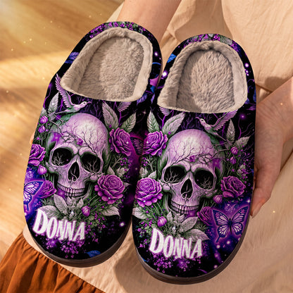 Gothic Fleece Lined Slippers Personalized Mystic Purple Skull