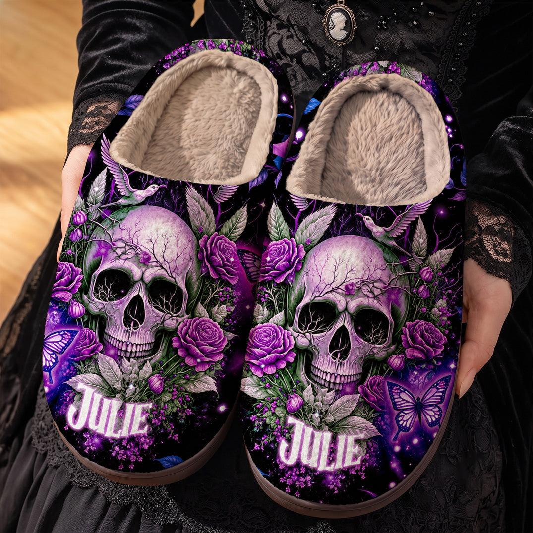 Gothic Fleece Lined Slippers Personalized Mystic Purple Skull