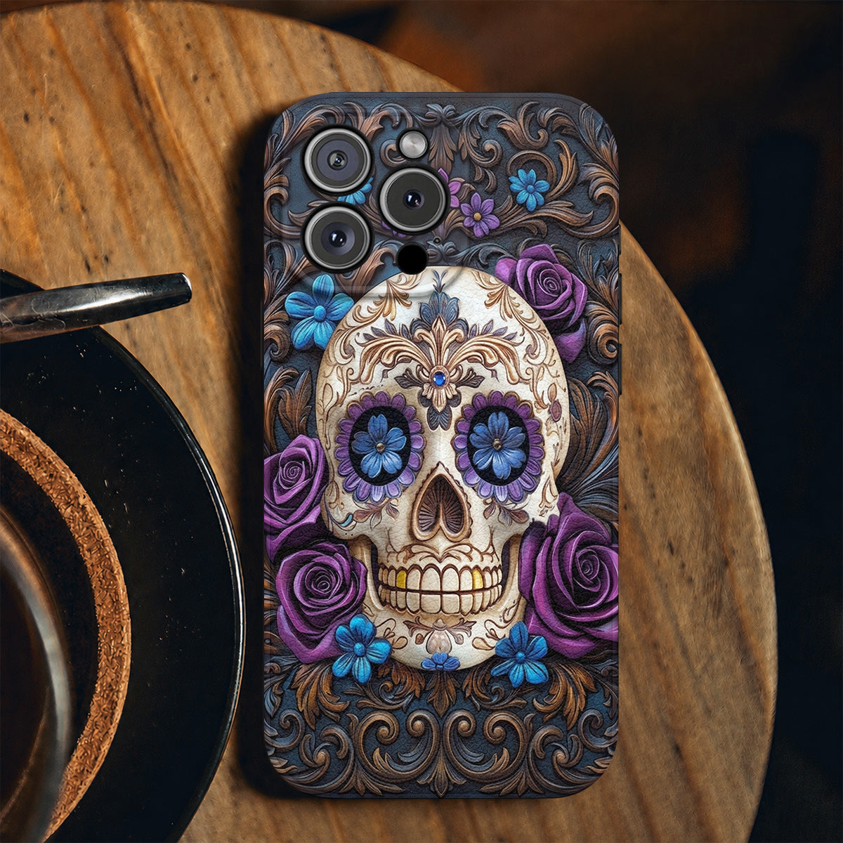Gothic Leather Phone Case Obsidian Rose